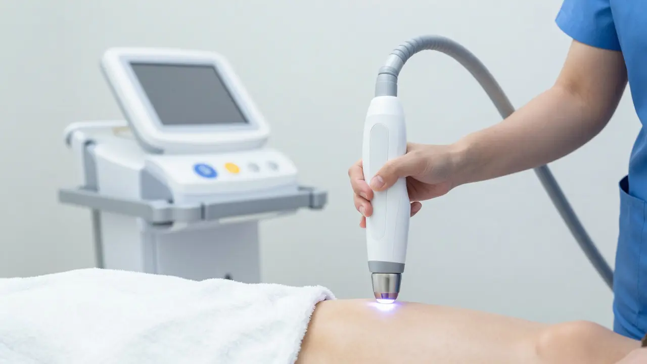 Profesionální laserové zařízení při epilaci chloupků na břiše v moderní klinice.