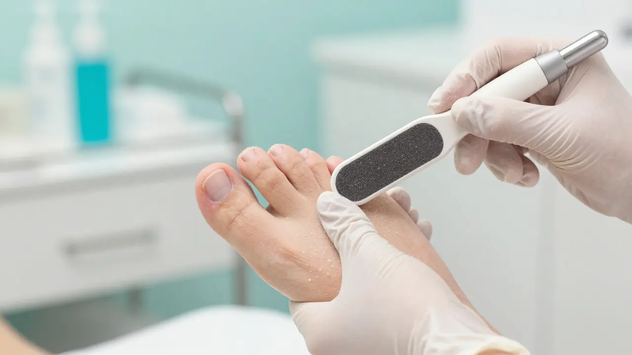 Profesionální odstranění zrohovatělé kůže z paty pomocí elektrické frézky.