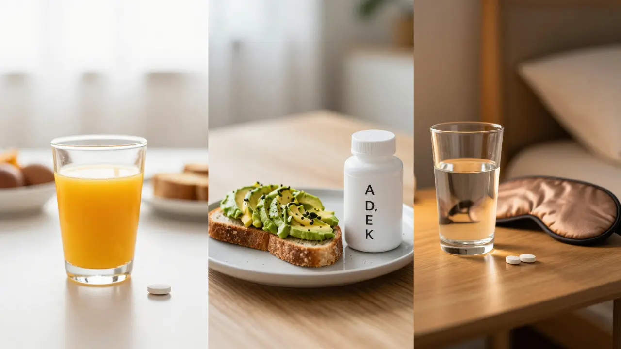 Rozdělení užívání vitamínů během dne: ráno, oběd a večer.