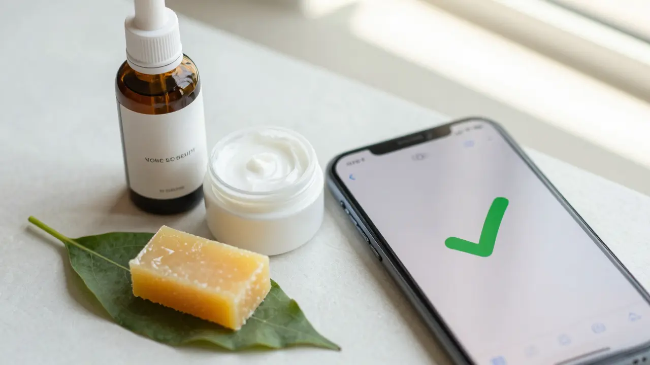 Sada etických vegan kosmetických produktů s rostlinnými ingrediencemi a mobilem.