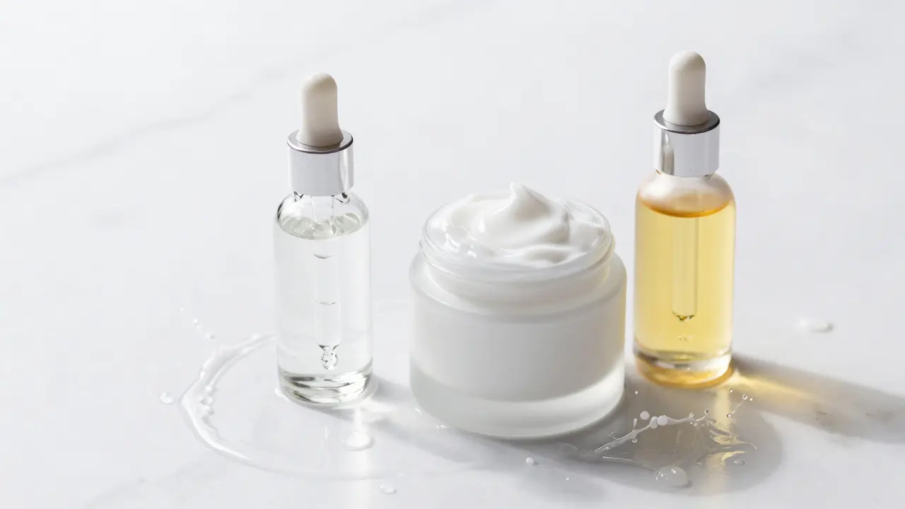 Sada hydratačních produktů: hyaluronové sérum, vyživující krém a obličejový olej.