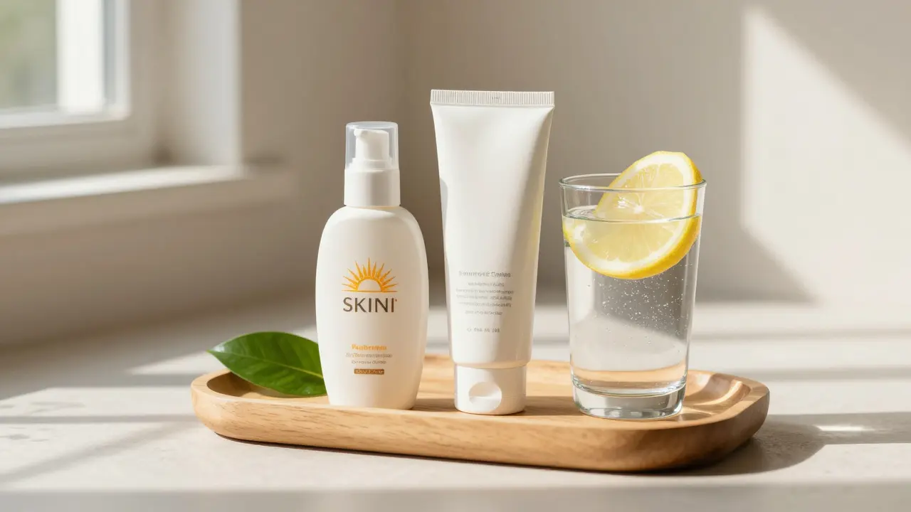 Sada produktů pro péči o pleť vedle sklenice vody v přirozeném světle.