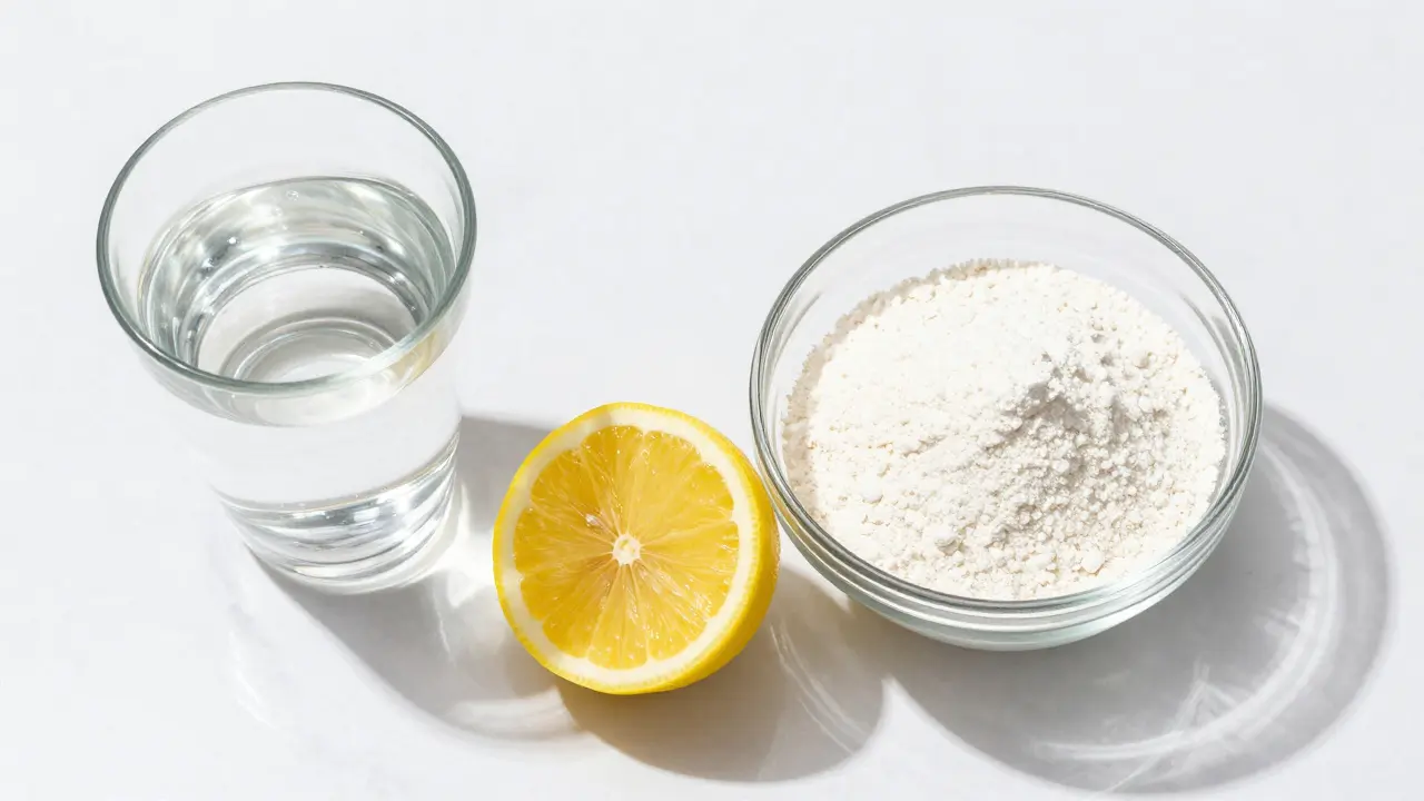 Sklenice vody s citronem a miska s bílým kolagenovým práškem na mramorovém stole.