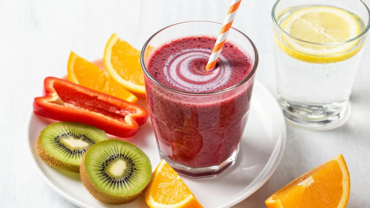 Snídaně bohatá na vitamín C s ovocem a bobulovým smoothie.