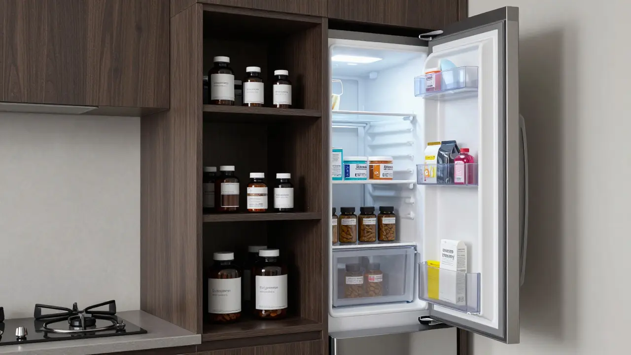 Správně organizované skladování vitamínů v temné skříňce a probiotik v lednici.