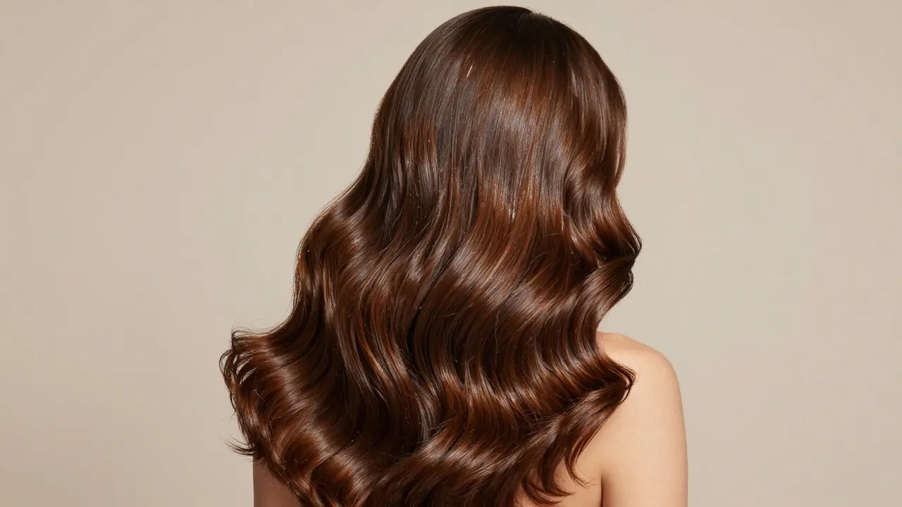 Zadní pohled na ženu s hustými, zdravými a vysoce lesklými vlasy.