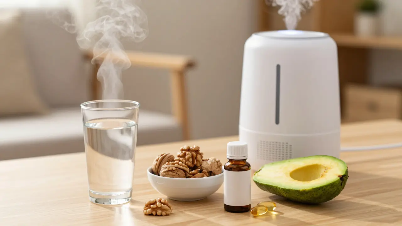Zdravá strava s omega-3 tuky a zvlhčovač vzduchu pro péči o pokožku zevnitř i zvenku.