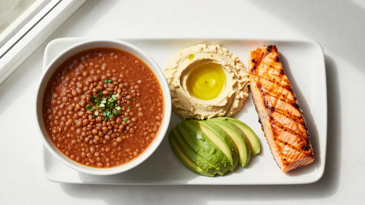 Zdravý talíř s rybami, luštěninami, hummusem a avokádem