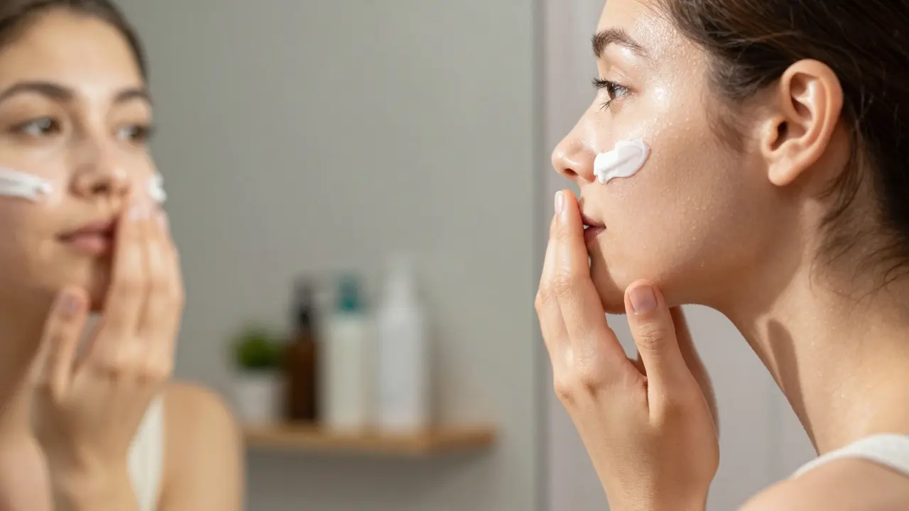 Žena si ráno nanáší hydratační krém na obličej při zrcadle.