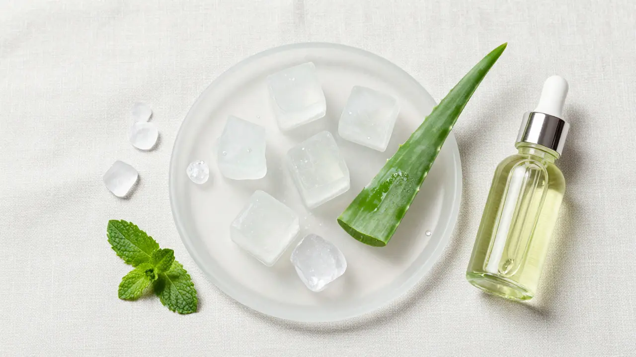 Zmrazené kostky gelu z aloe vera na skleněné misce vedle lahvičky s olejem.