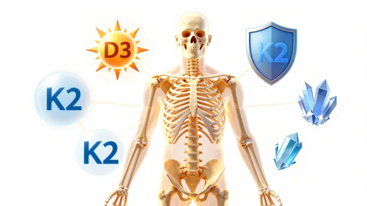 Abstraktní vizualizace synergického působení hořčíku, D3 a K2 pro kosti