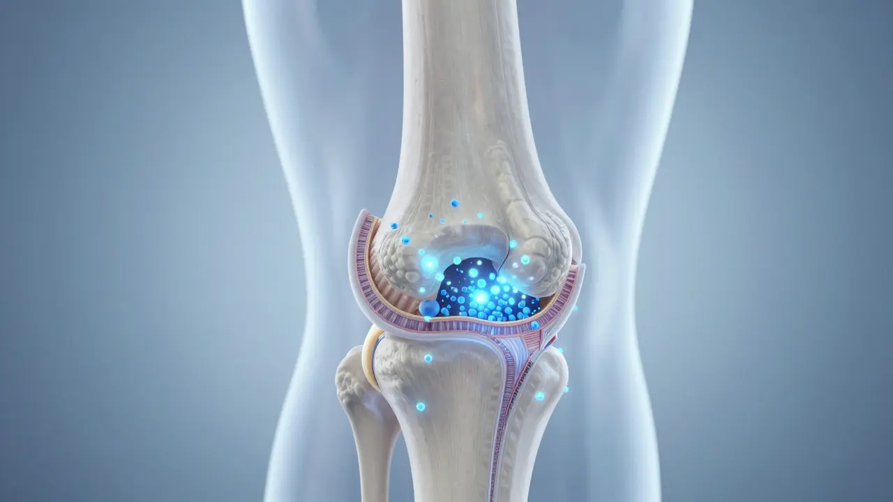 Anatomická ilustrace kloubu ukazující difuzi aminokyselin do chrupavky.