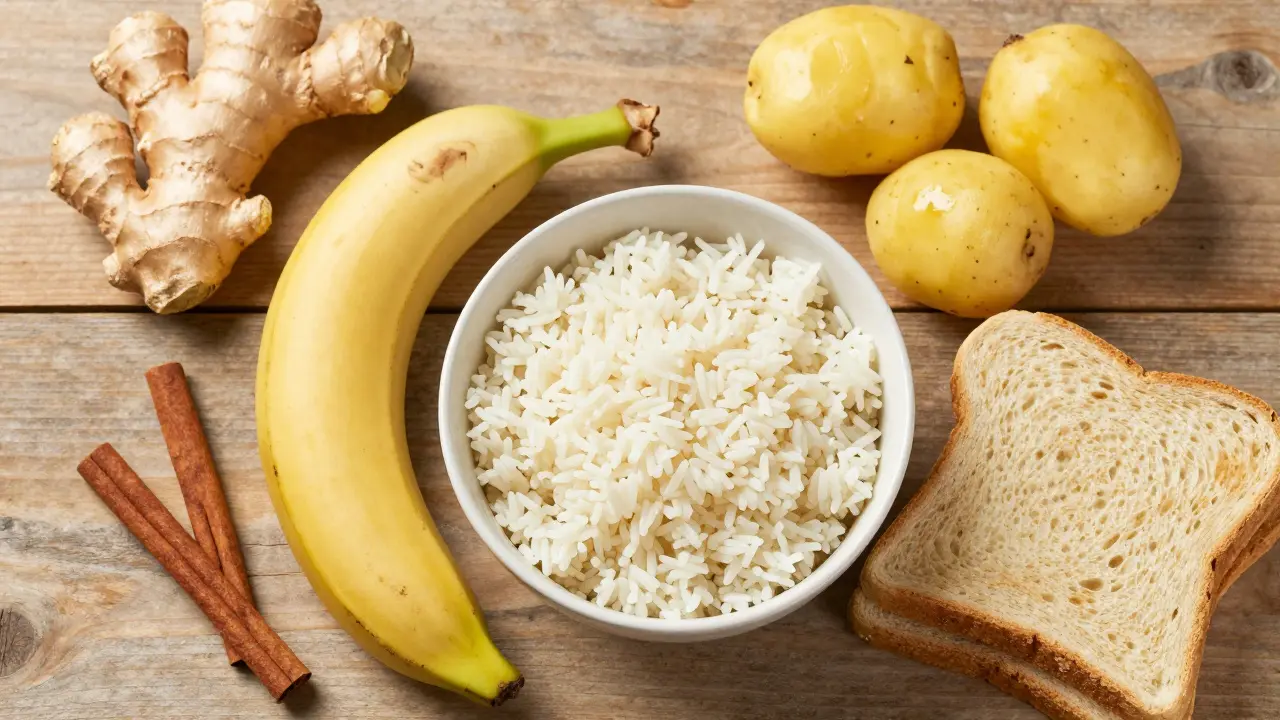 Bezpečná jídla při průjmu: rýže, banán, toast a vařené brambory