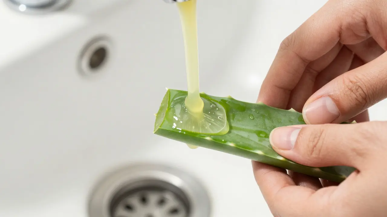 Bližší pohled na odtékající žlutý latex z řezaného listu aloe vera.