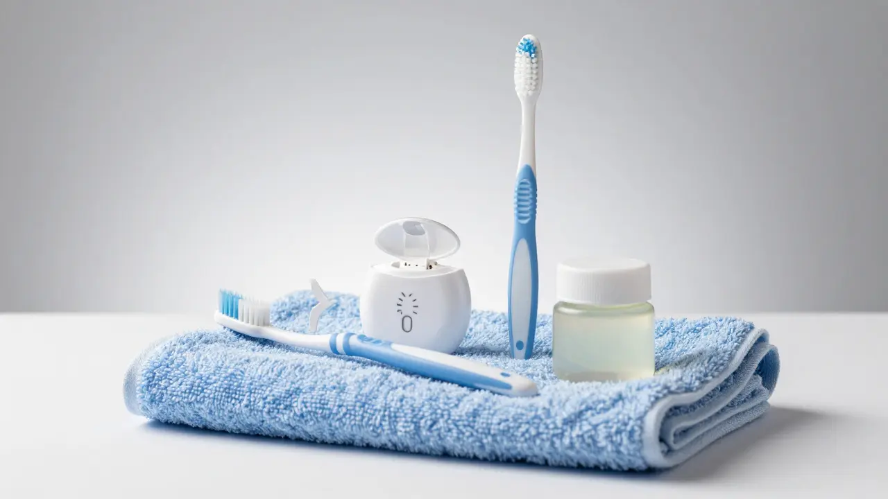 Hygienické pomůcky jako kartáček a kokosový olej na čištění ústní dutiny.