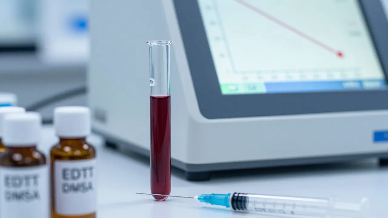 Laboratorní zkumavka s krví a léky na chelataci