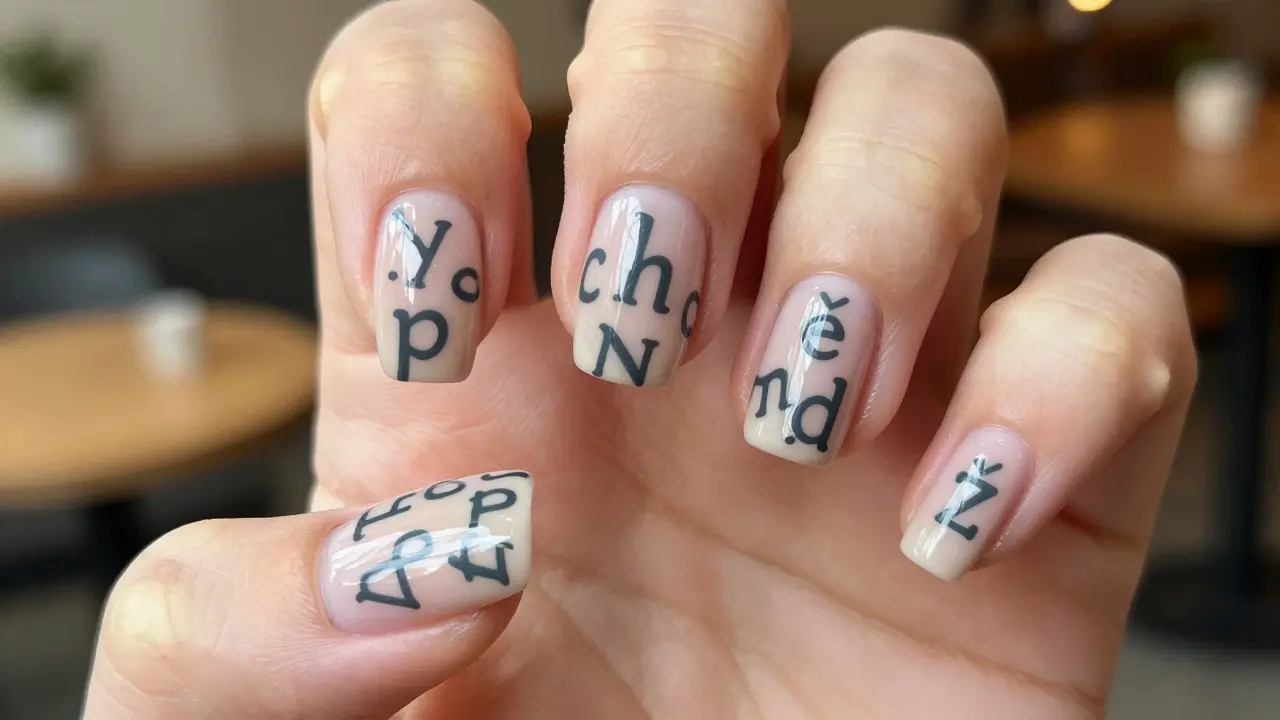 Nehty v trendu typografického chaosu s roztroušenými písmeny a českou diakritikou