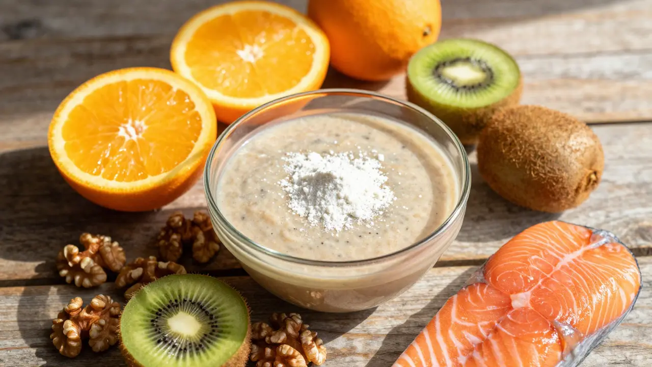 Smoothie s kolagenem, citrusy a lososem na dřevěném stole