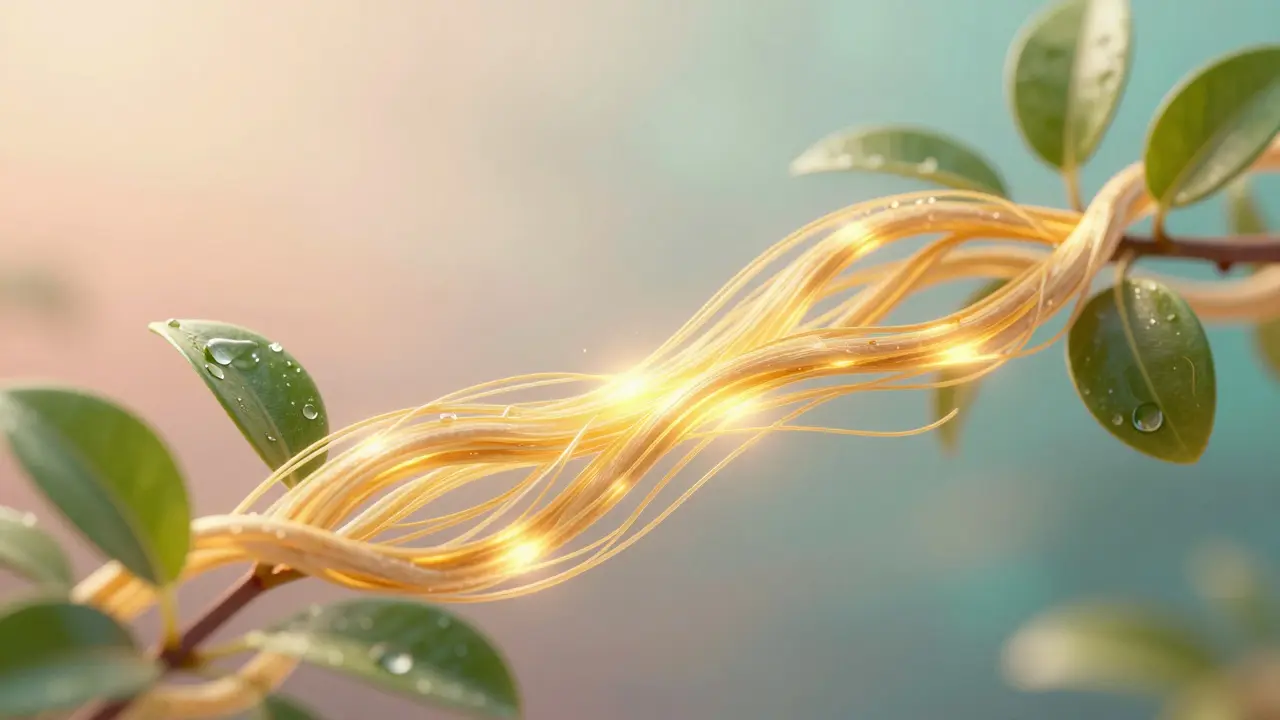 Abstract glowing golden fibers representing collagen structure