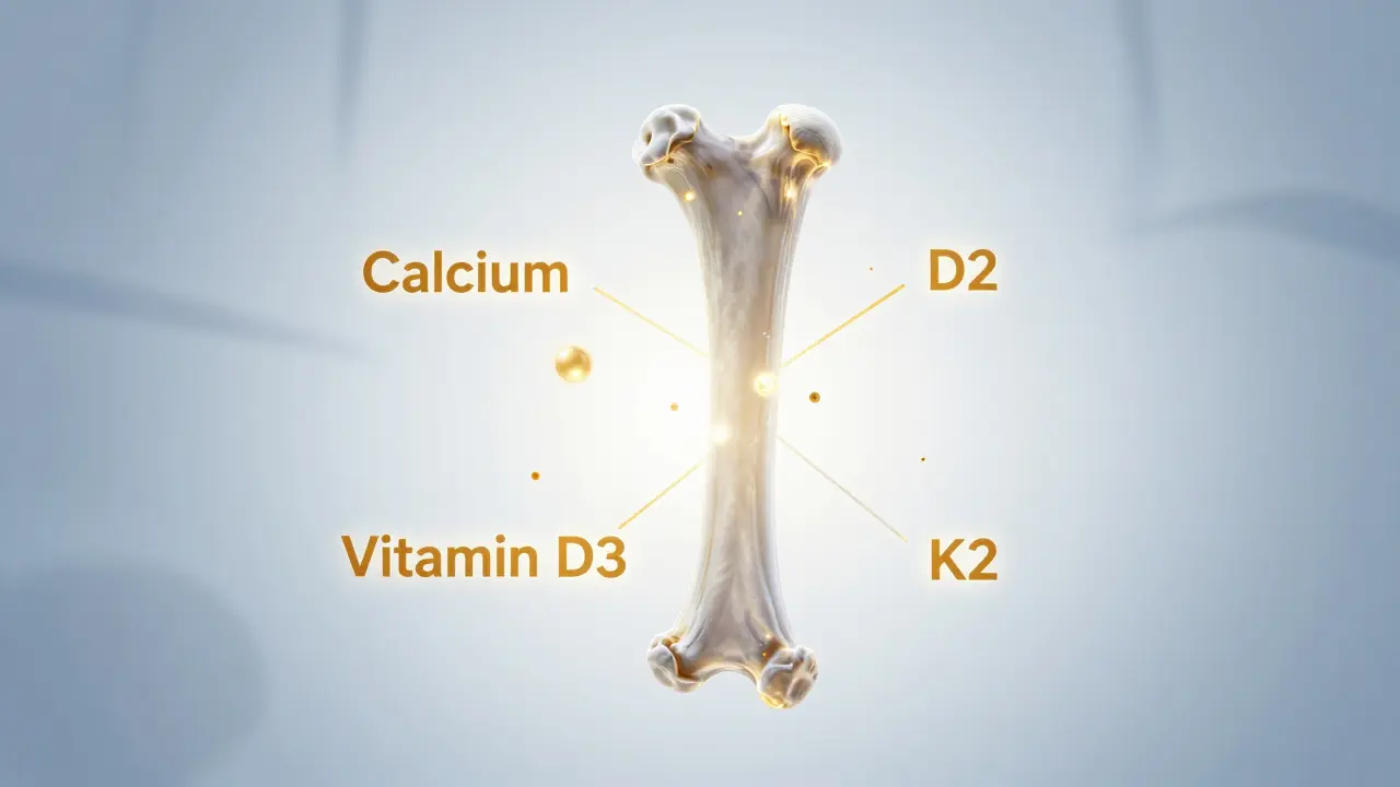 Abstraktní znázornění kostí a vitamínů D3 a K2