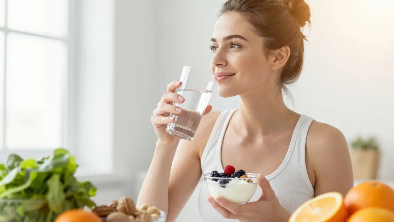 Energická žena s zdravou snídaní a přirozeným světlem