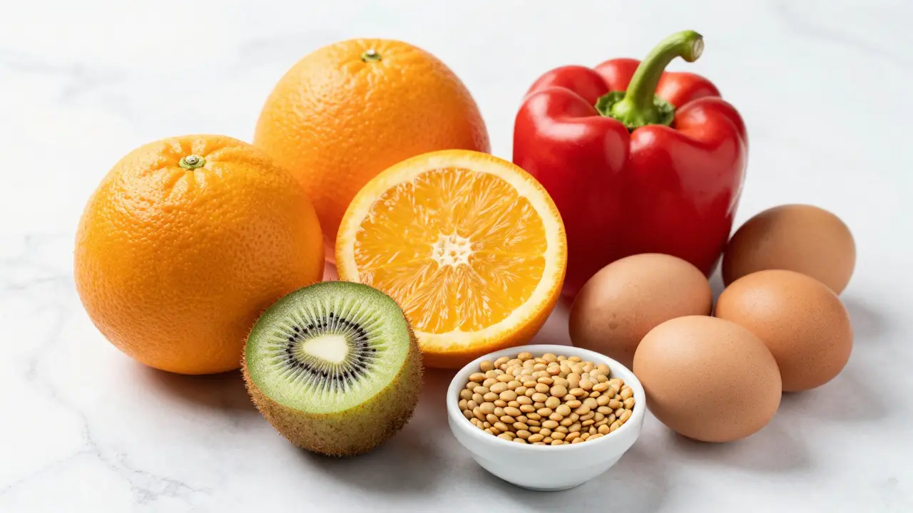 Fresh fruits like oranges, peppers, kiwi and eggs on marble