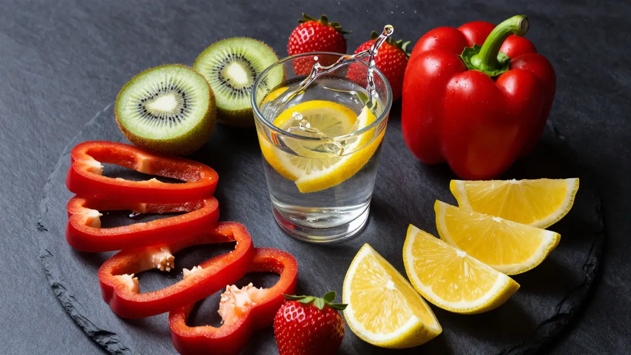 Kiwí, papriky a citrony jako zdroje vitamínu C pro tvorbu kolagenu