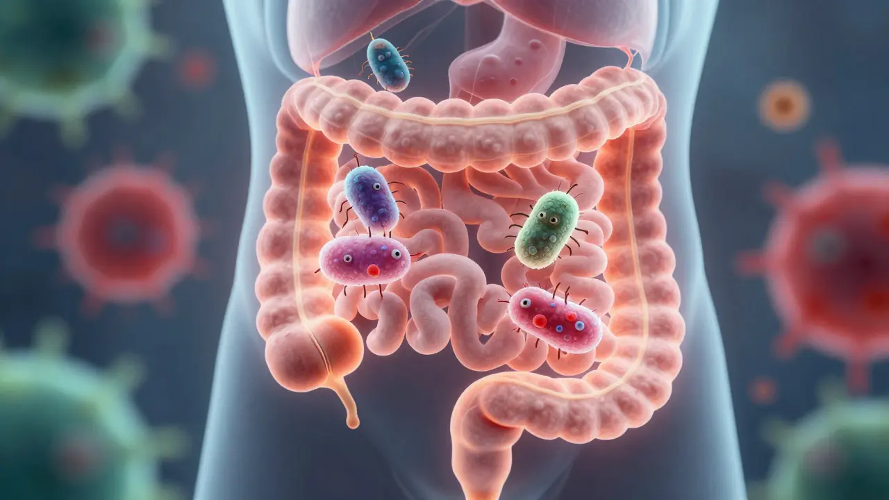 Konceptuální ilustrace střevního mikrobiomu a bakterií