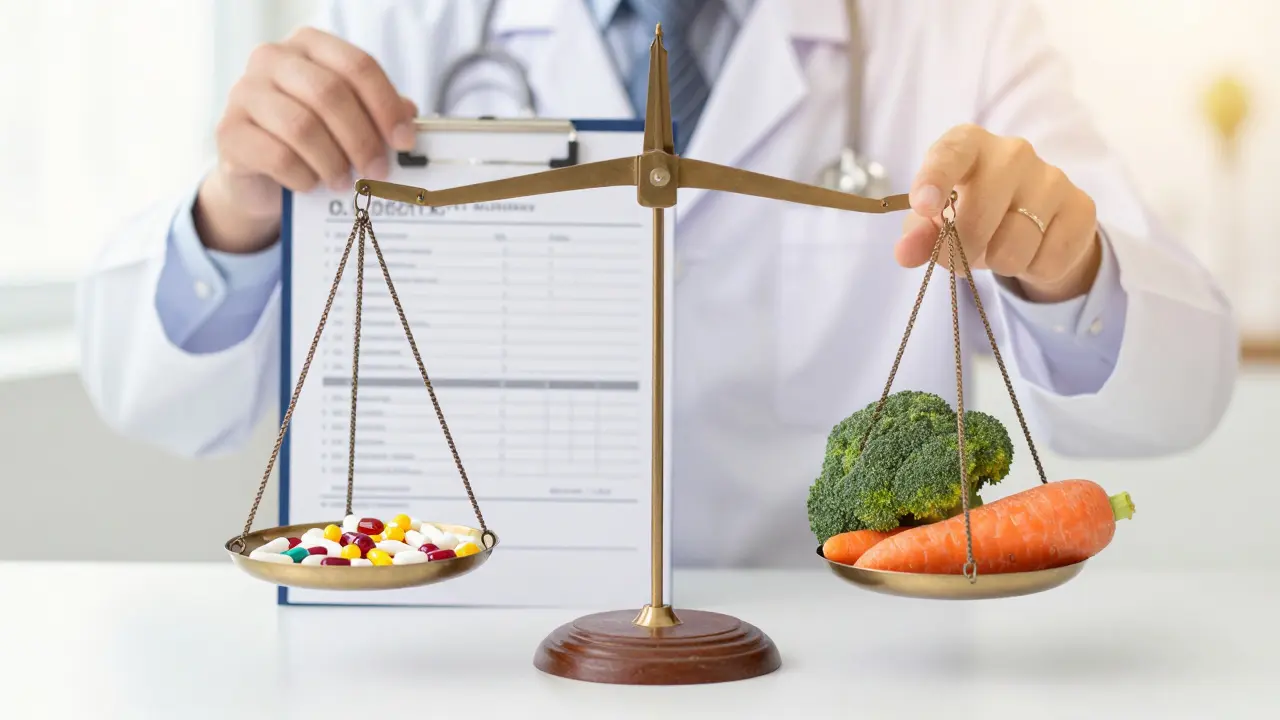 Váha s vitamíny a zeleninou symbolizující vyváženou stravu