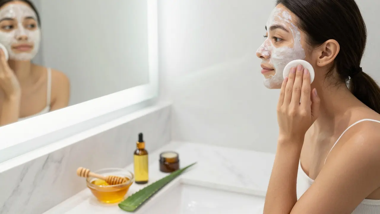Žena aplikující domácí pleťovou masku z přírodních ingrediencí v koupelně