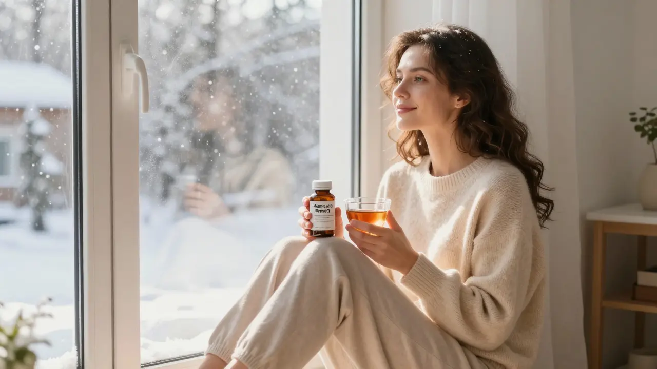 Žena u okna v zimě s doplňky vitamínu D a šálkem čaje