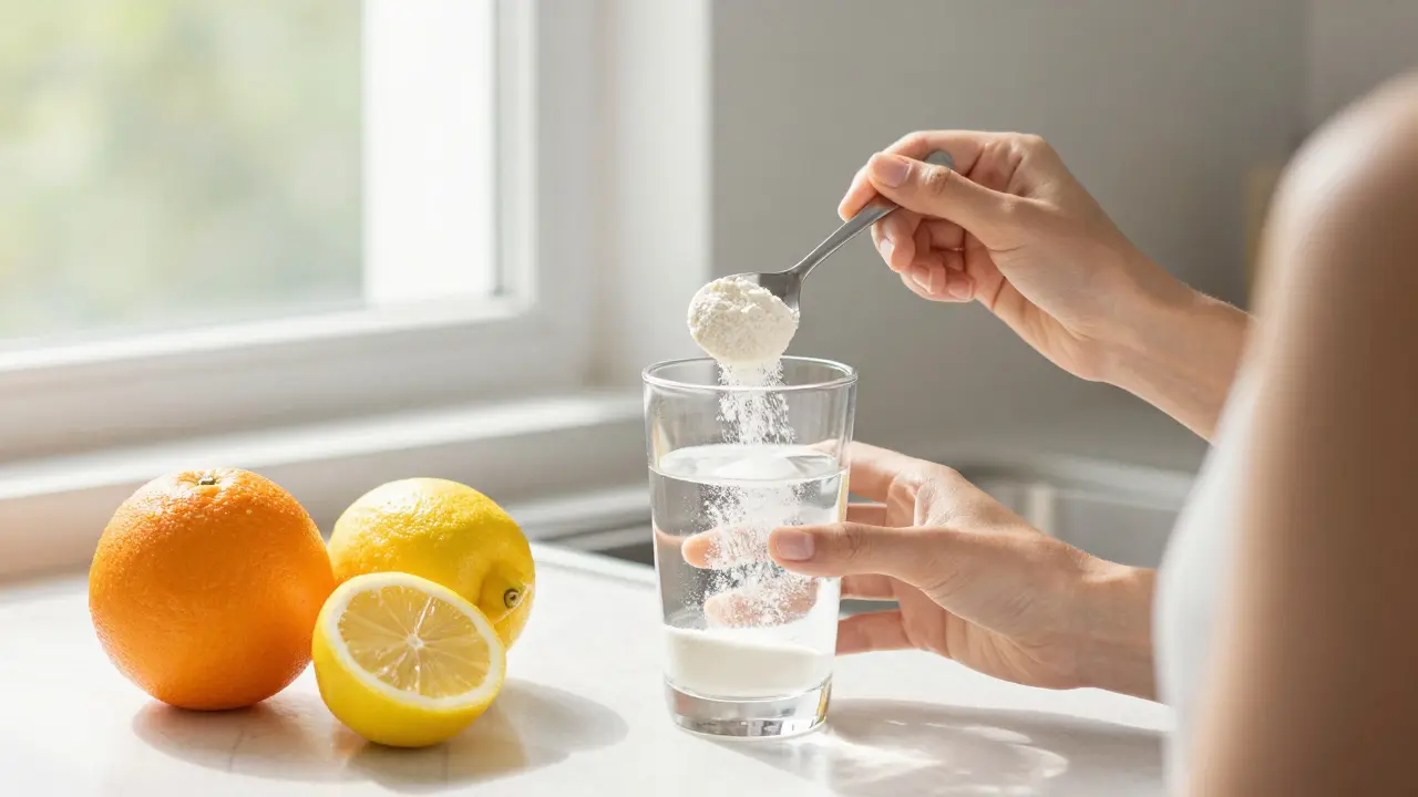 Žena ve třiceti letech míchá bílý prášek kolagenu do vody s citrusy v kuchyni.