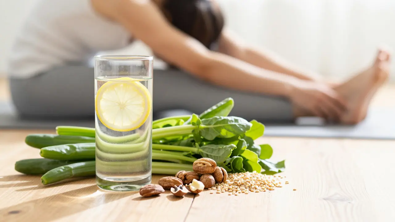 Čerstvé potraviny a voda pro detoxikaci na slunném stole