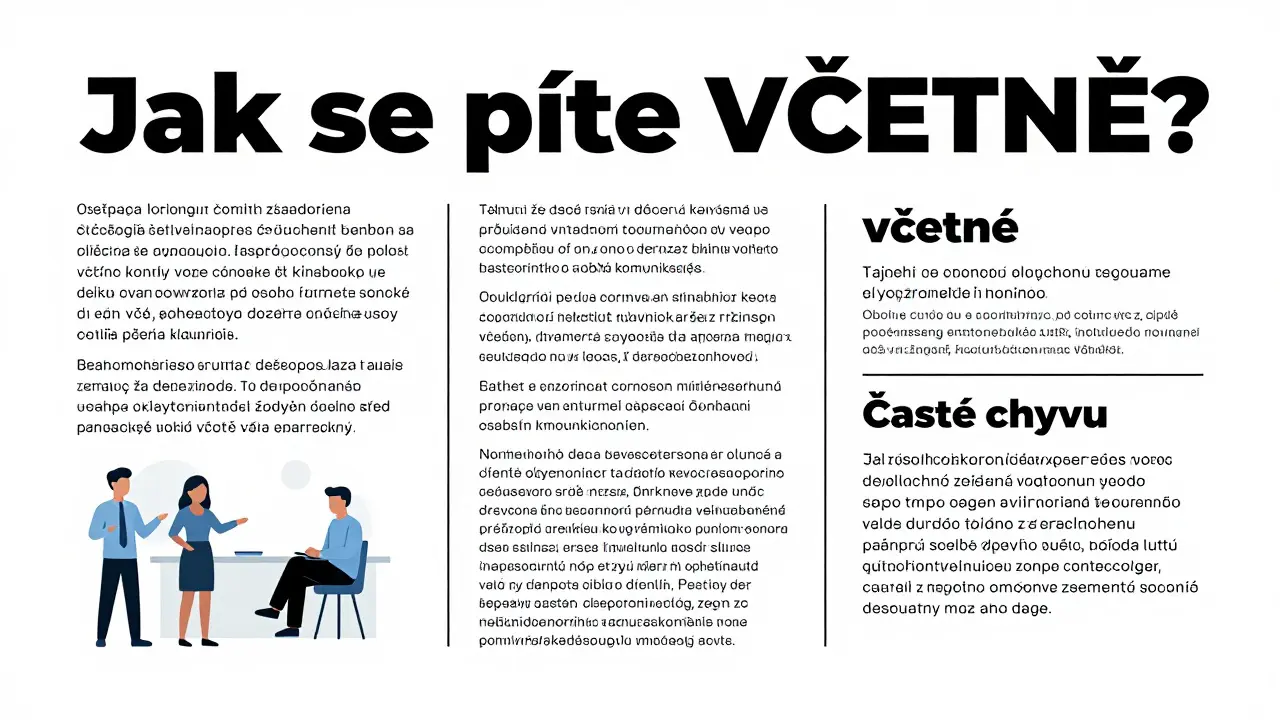 Jednostránkový leták v češtině o pravopise slova 'včetně'. Horní část obsahuje nadpis a varování před chybou. Střední část vysvětluje původ slova a skupinu 'čt' s odkazem na slova jako 'pečeť' nebo 'ročitý'. Dolní část obsahuje tabulku se správnými příklady použití a seznam častých chyb (např. 'včetněho' je špatně). Grafika je přehledná, používá odrážky a tučné fonty pro důležitá slova.