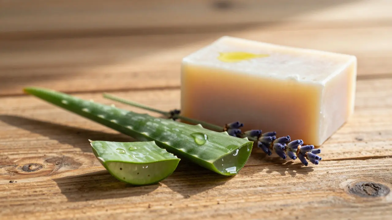 Kompozice přírodních ingrediencí: aloe vera, mýdlo a levandule na dřevěném stole