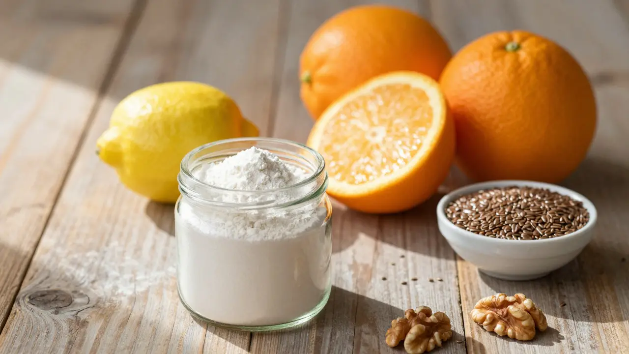 Přirozené zdroje kolagenu: prášek, citrusy a omega-3 tuky