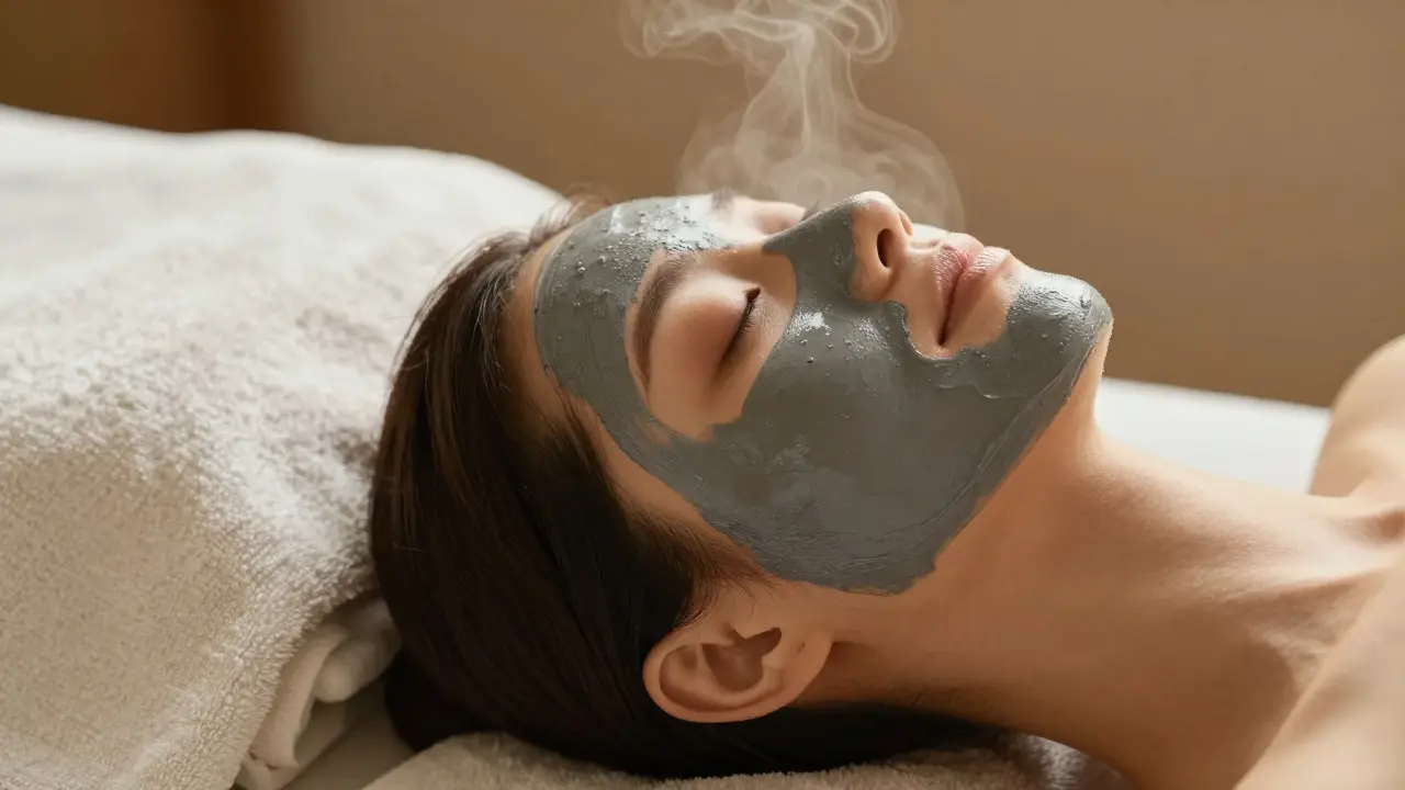 Relaxující tvář s jílovou maskou a parou v lázních