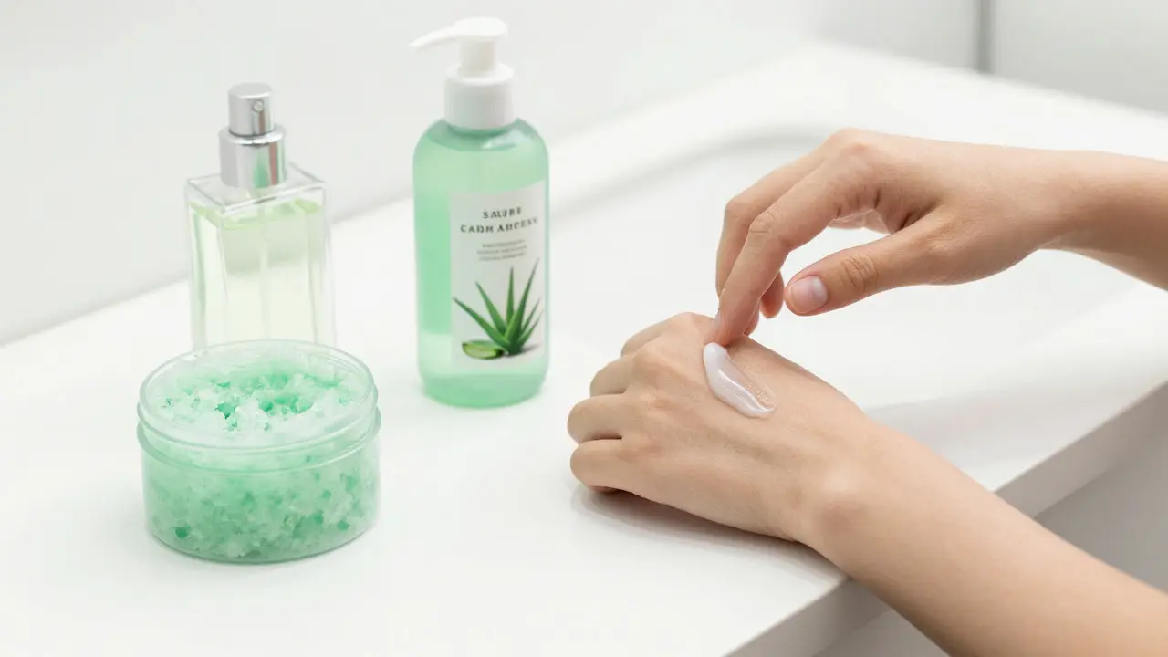 Ruka vybírá uklidňující krém s aloe vera místo parfému a peelingů