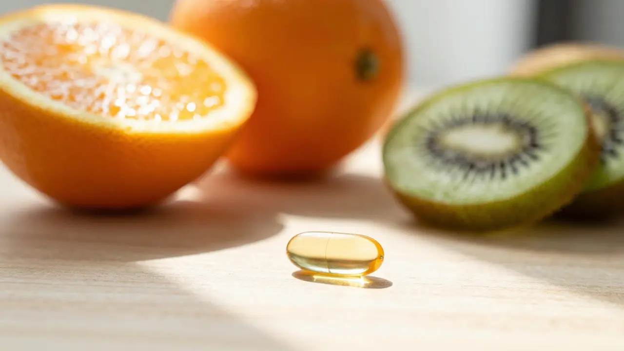 Vitamín D3 kapsle vedle citrusových plodů