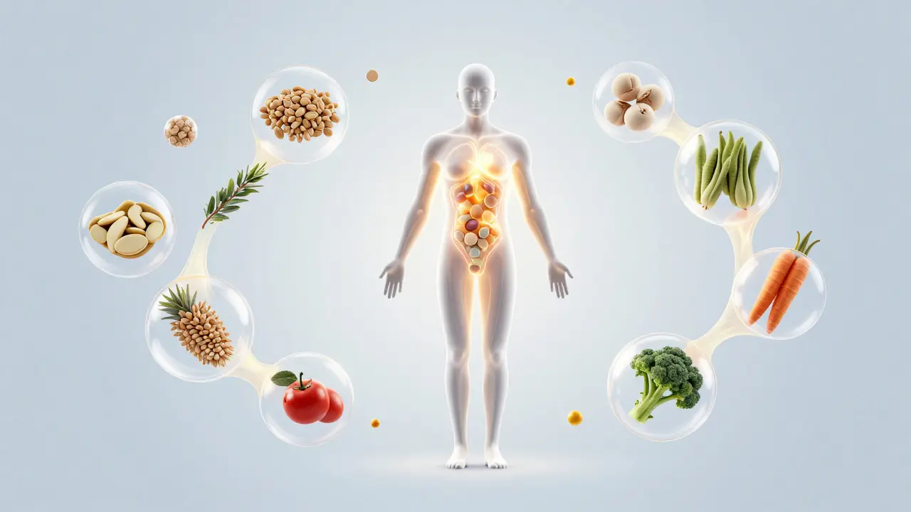Abstraktní ilustrace lidské postavy obklopené vitamíny a živinami