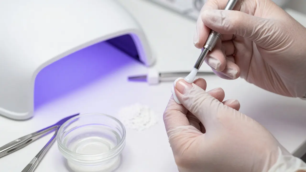 Detail aplikace gelu a příprava akrylové směsi v salónu