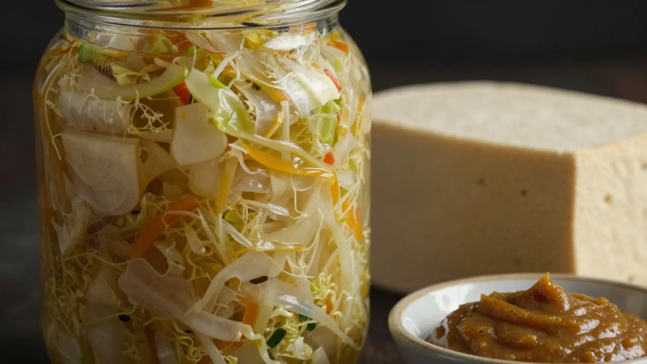 Detailní záběr fermentované zeleniny, tempehu a miso pasty v keramice