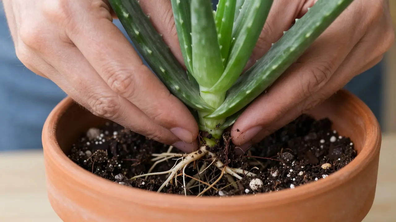 Detailní záběr kořenů aloe vera při přesazování do nového květináče