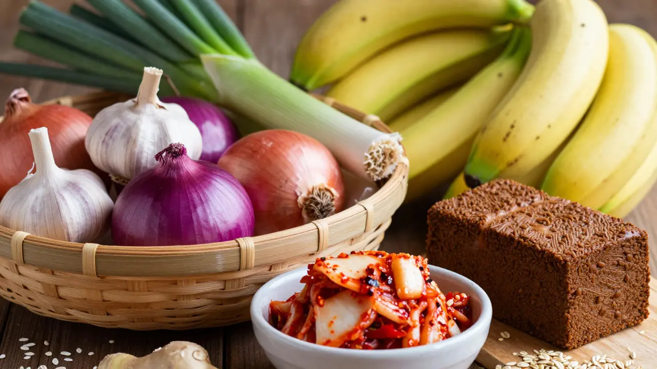 Prebiotické potraviny jako cibule a česnek vedle kimchi