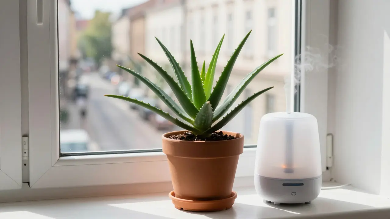Přesažená aloe vera na okenním parapetu v jemném denním světle
