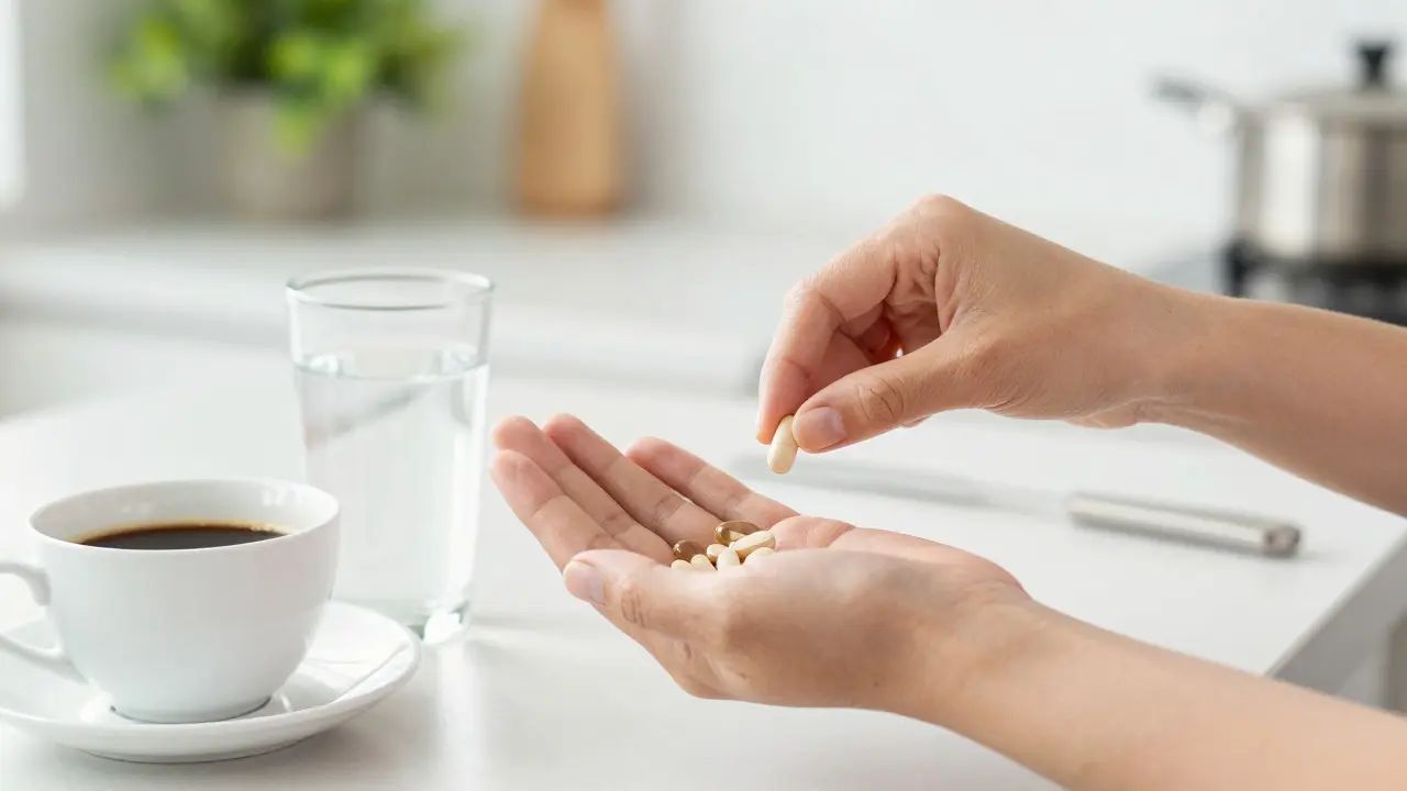 Ruce držící multivitamín vedle sklenice vody a šálku kávy