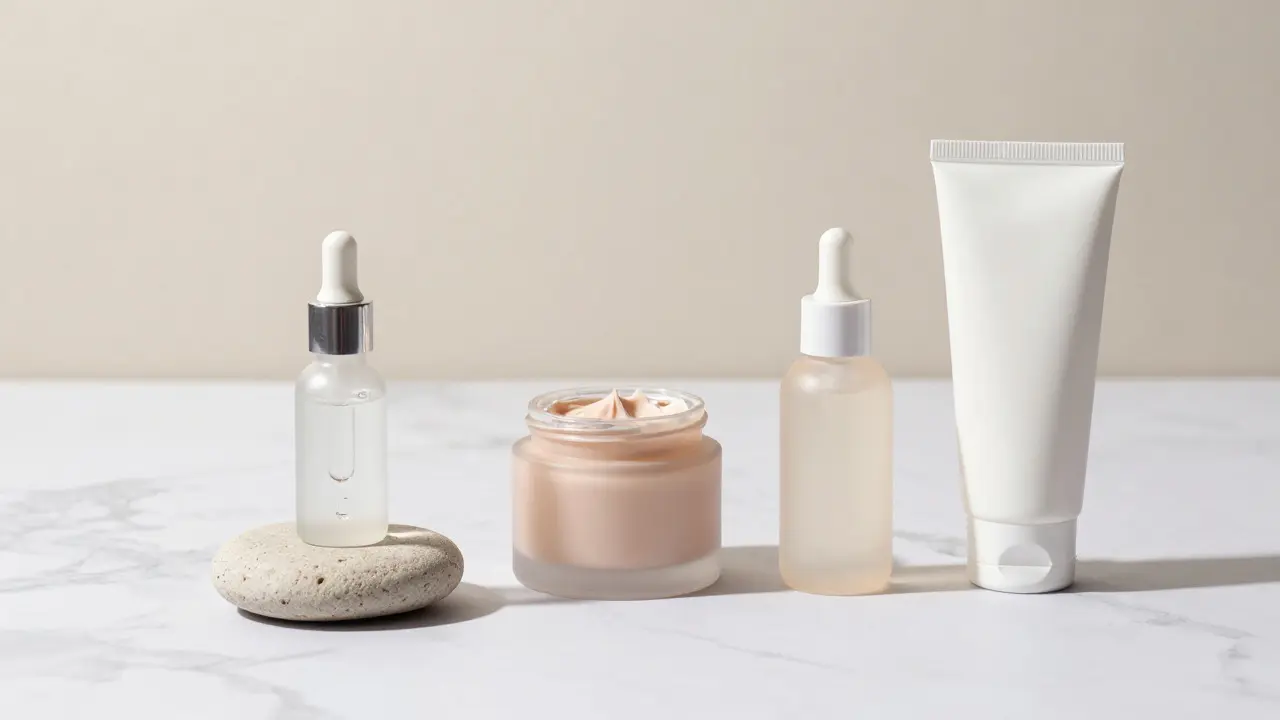 Sestava kosmetických produktů pro hloubkové čištění pleti na mramorovém povrchu