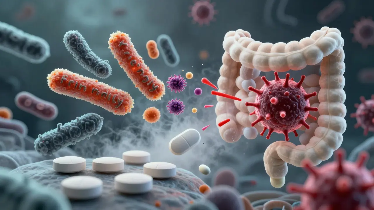 Vizuální znázornění ničení dobrých bakterií antibiotiky ve střevech