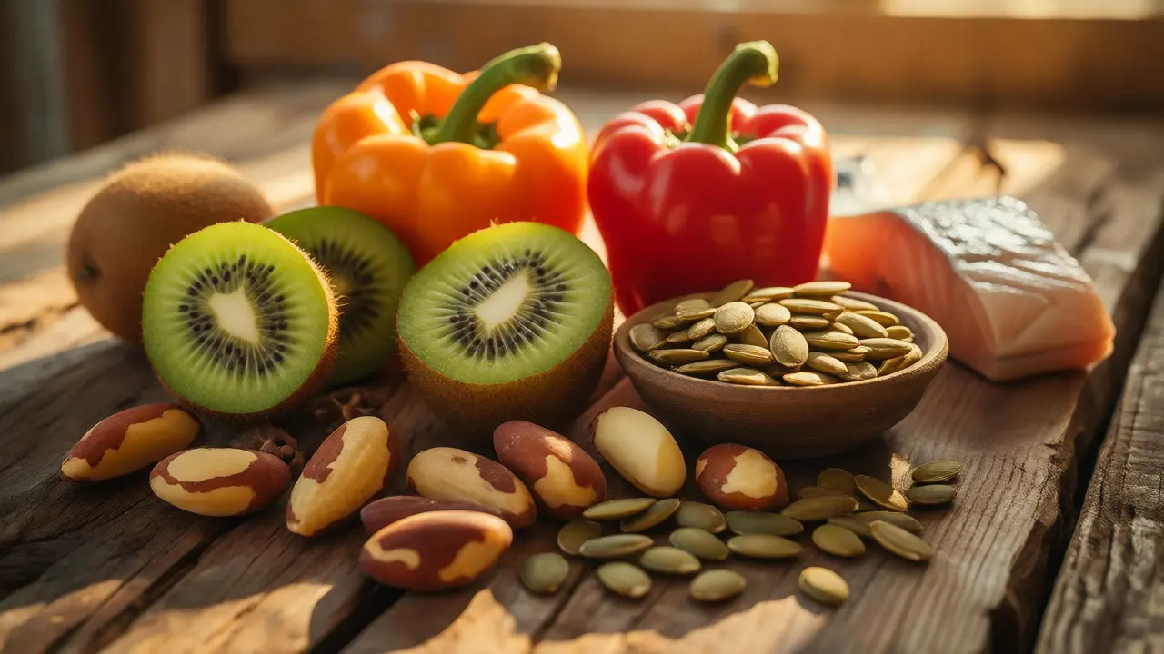 Čerstvé potraviny bohaté na vitamíny a minerály pro posílení obranyschopnosti.