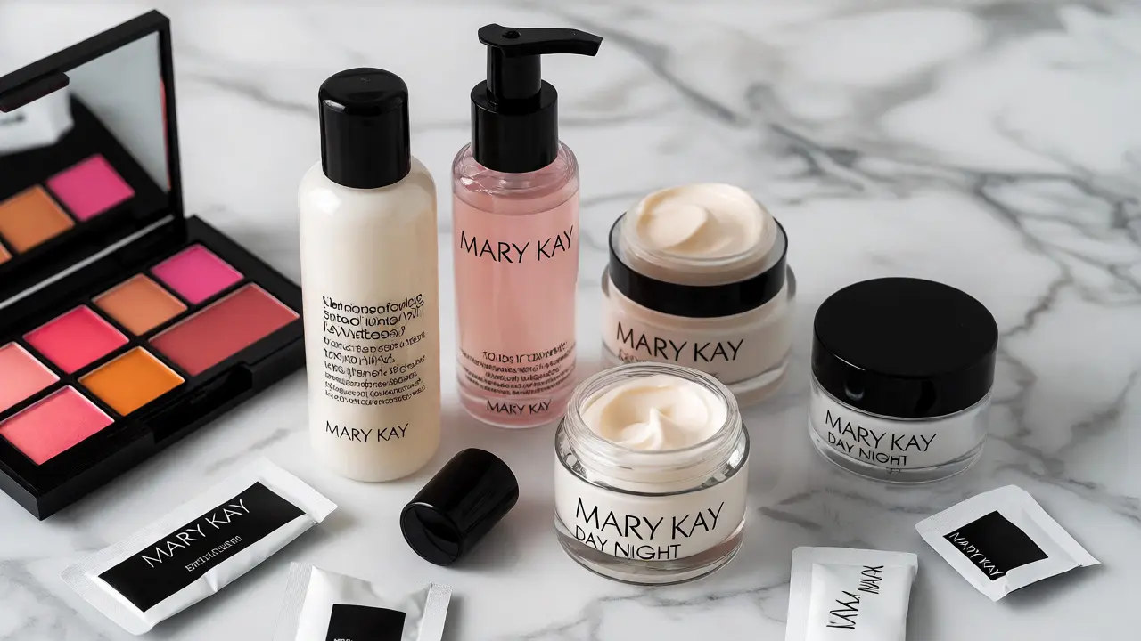 Detailní záběr na startovací sadu produktů Mary Kay na bílém pozadí